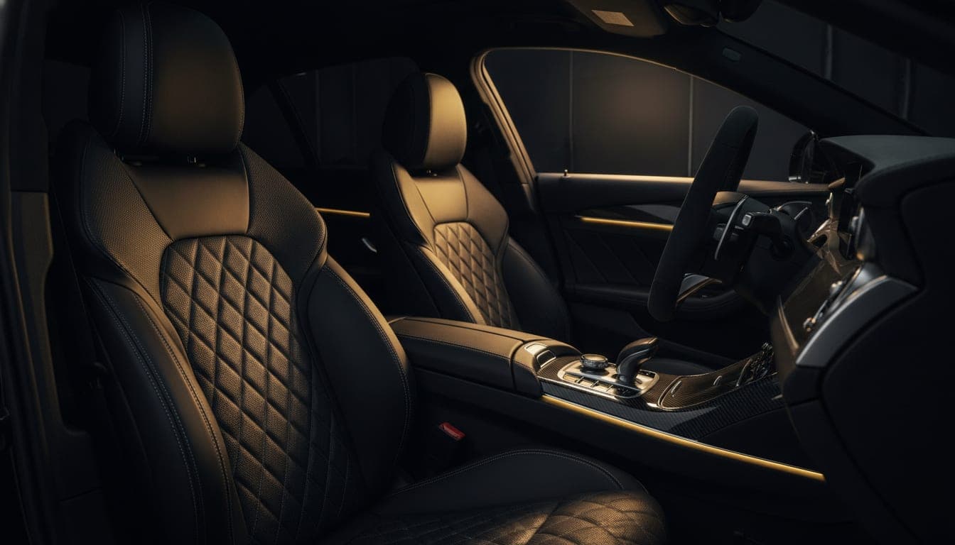 Asiento de piel y volante de alcantara en un interior impecable (ilustración generada con IA)