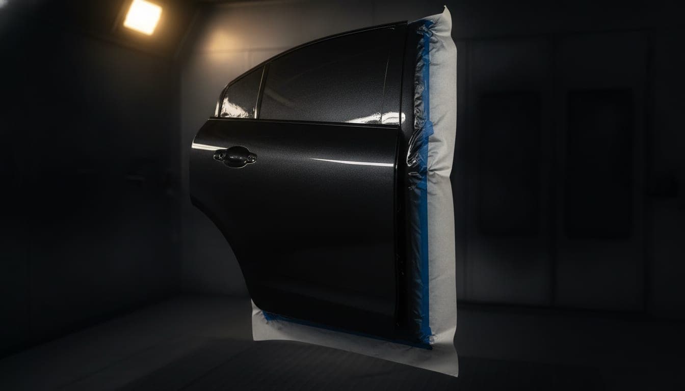 Panel automotriz siendo pintado en cabina con luz controlada y acabado uniforme (ilustración generada con IA)